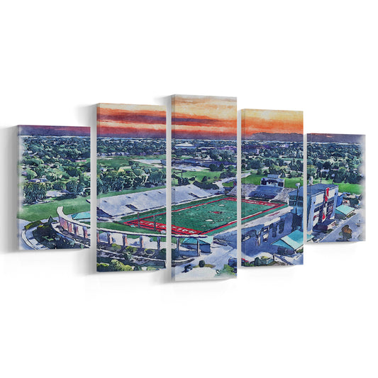 Scheumann Painting Stadium Watercolor, Muncie Indiana Watercolor, Sport Art, Mixed 5 Panel, Canvas Print Wall Art