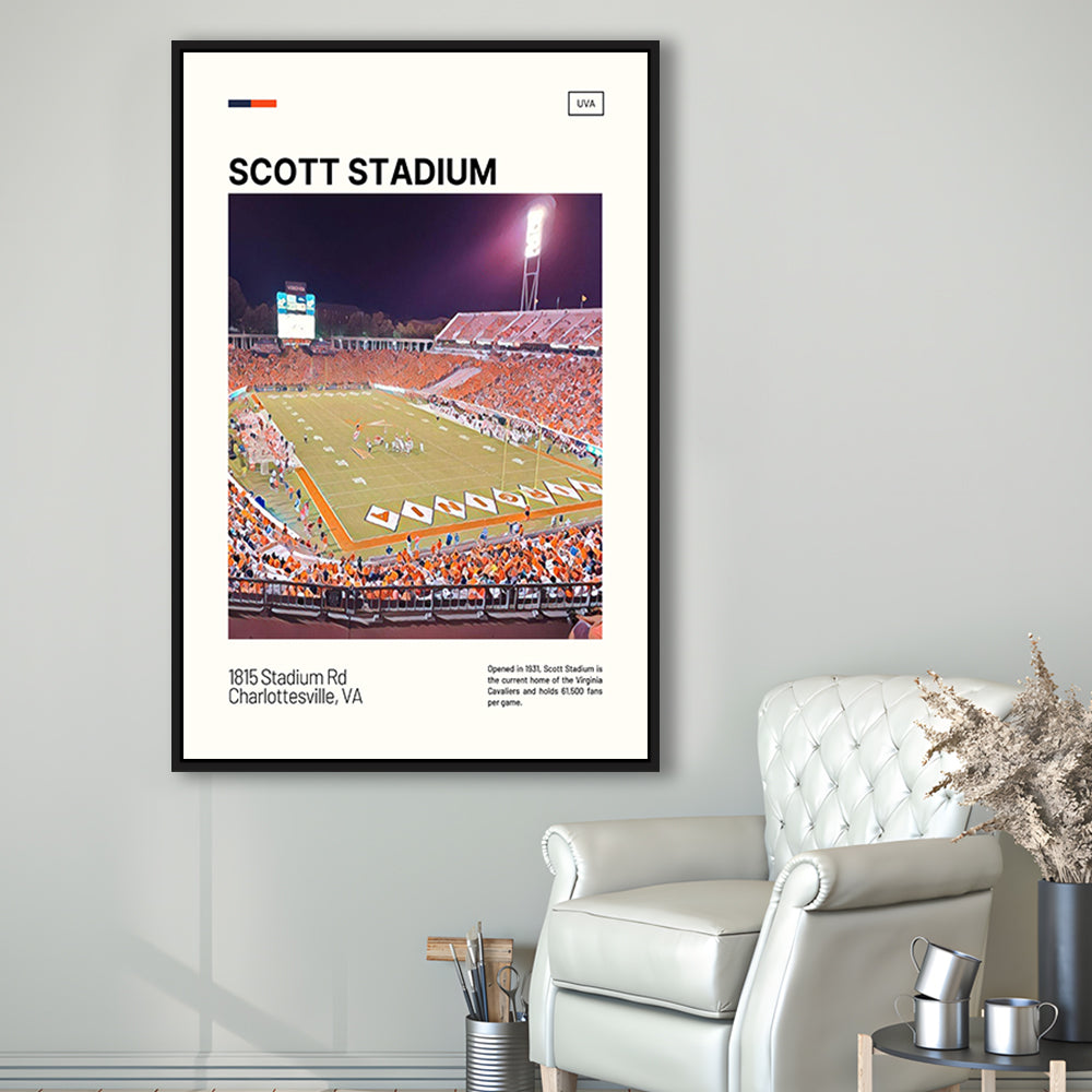 Scott Stadium Print, Virginia Cavaliers Stadium Canvas Art, Man Cave Gift, Floating Framed Canvas Print Wall Art