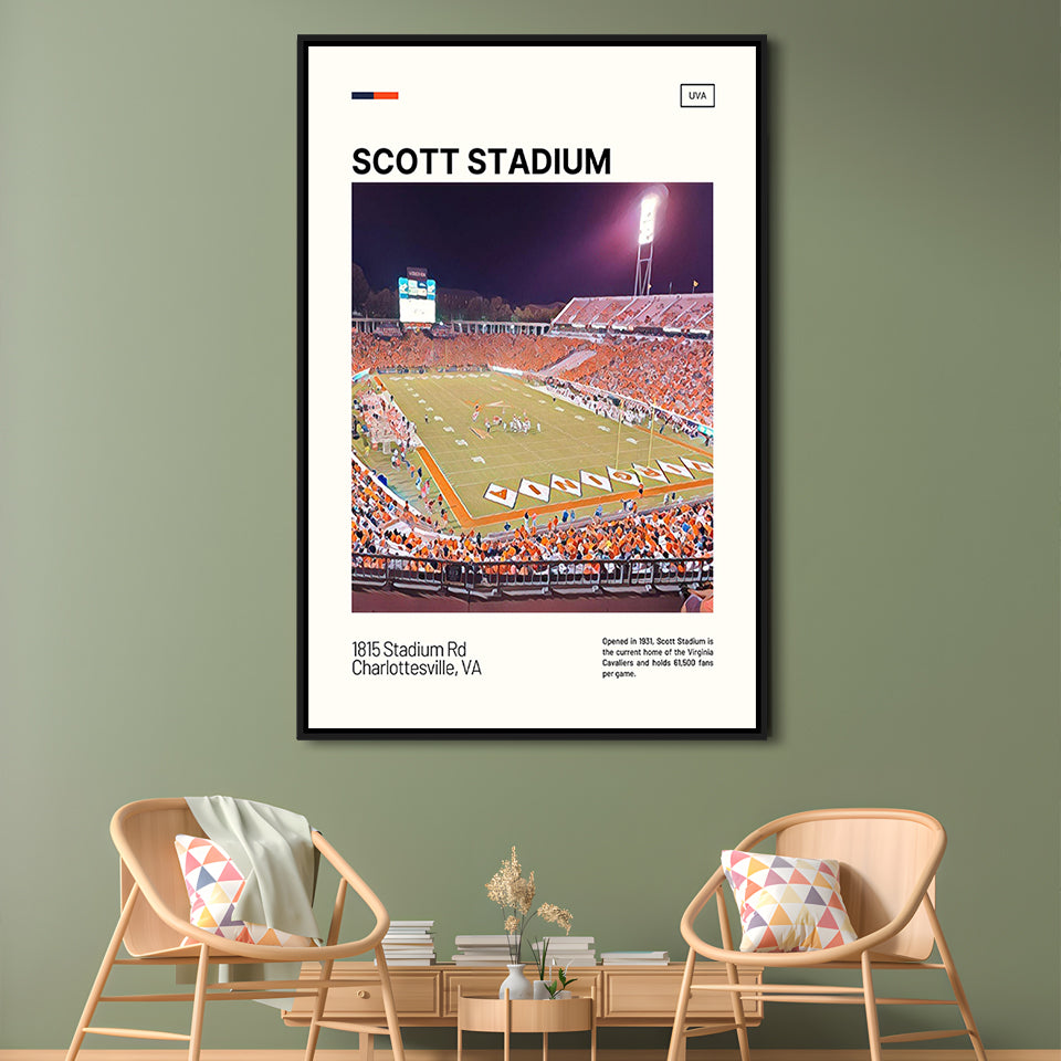Scott Stadium Print, Virginia Cavaliers Stadium Canvas Art, Man Cave Gift, Floating Framed Canvas Print Wall Art