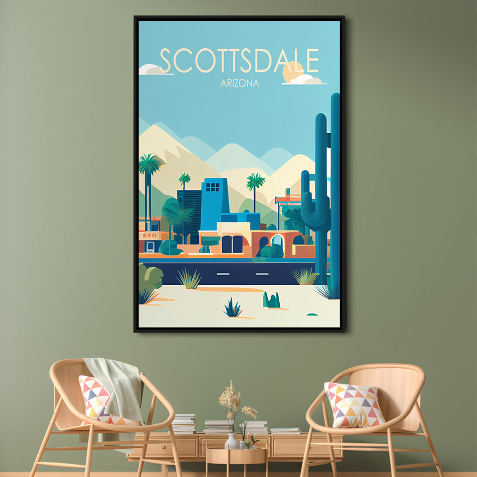 Scottsdale Arizona Retro Art Print, Scottsdale City Wall Art, Floating Framed Canvas Print, Framed Picture, Painting Canvas