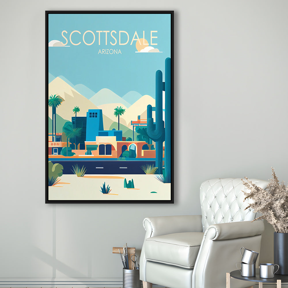 Scottsdale Arizona Retro Art Print, Scottsdale City Wall Art, Floating Framed Canvas Print, Framed Picture, Painting Canvas