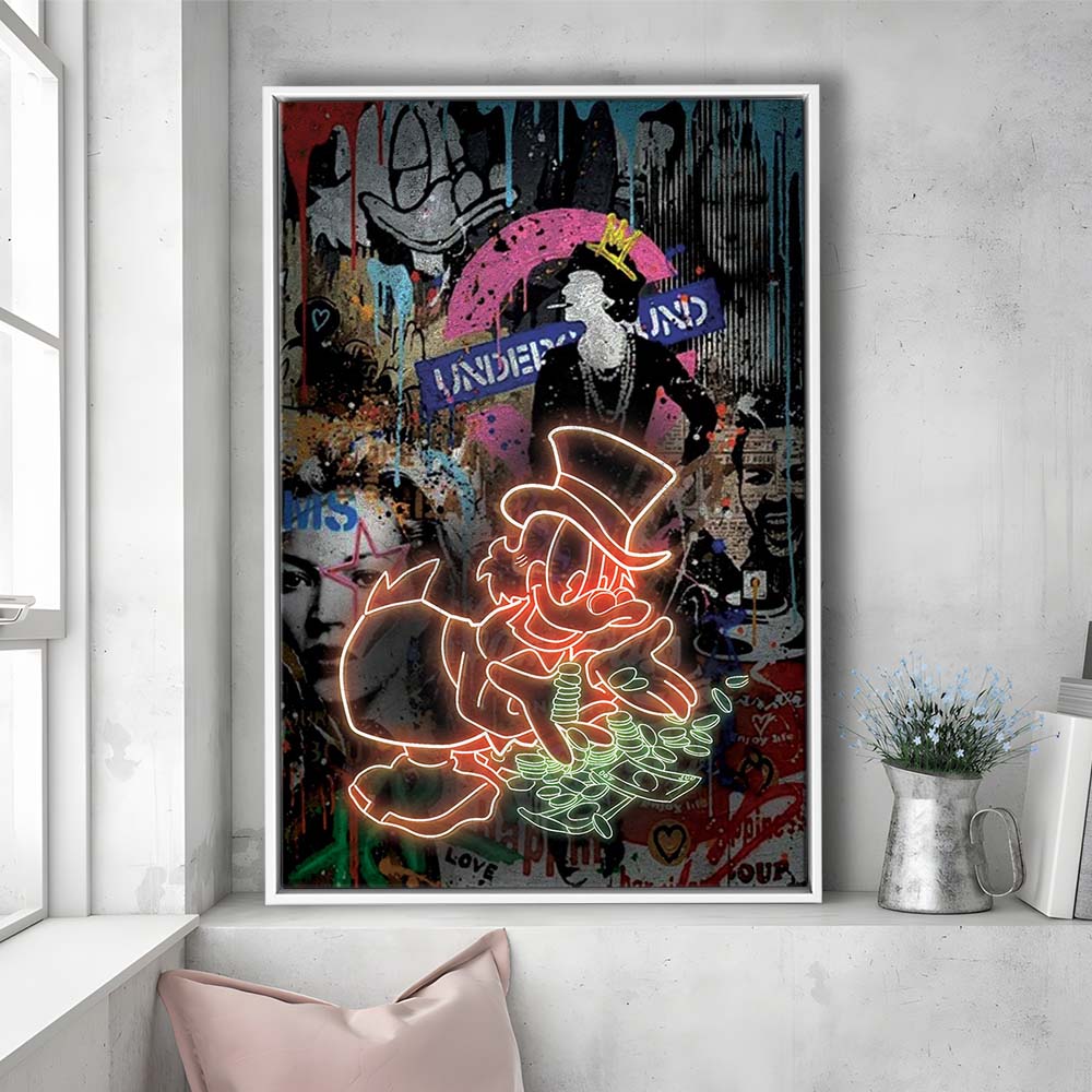 Scrooge McDuck Money Money Neon Sign Effects, Framed Canvas Print, Floating Frame, Luxury Wall Art Decor