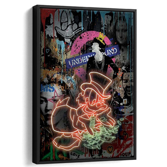 Scrooge McDuck Money Money Neon Sign Effects, Framed Canvas Print, Floating Frame, Luxury Wall Art Decor