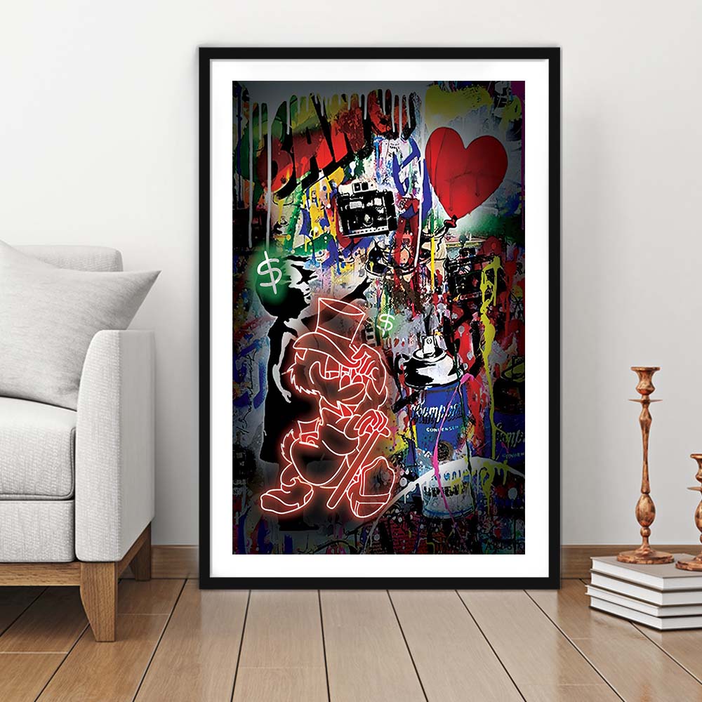 Scrooge McDuck Neon Sign Effects, Framed Art Print, Luxury Pictures Framed, White Border