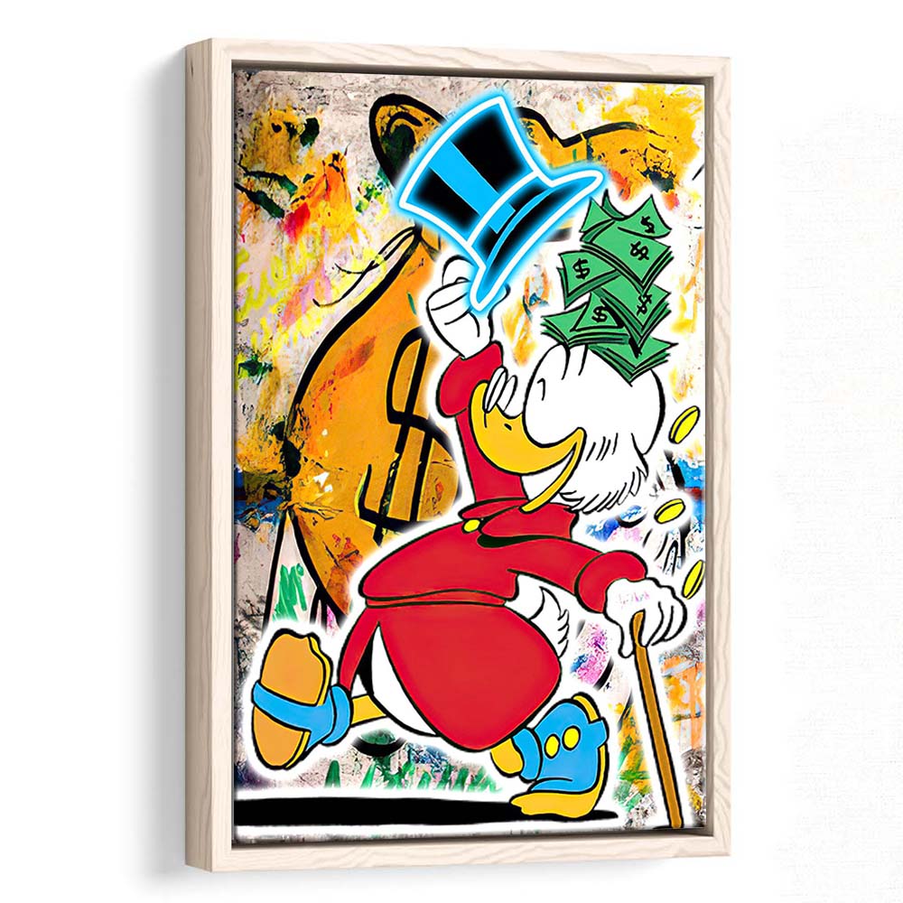 Scrooge McDuck Raining Cash, Framed Canvas Print, Floating Frame, Luxury Wall Art Decor