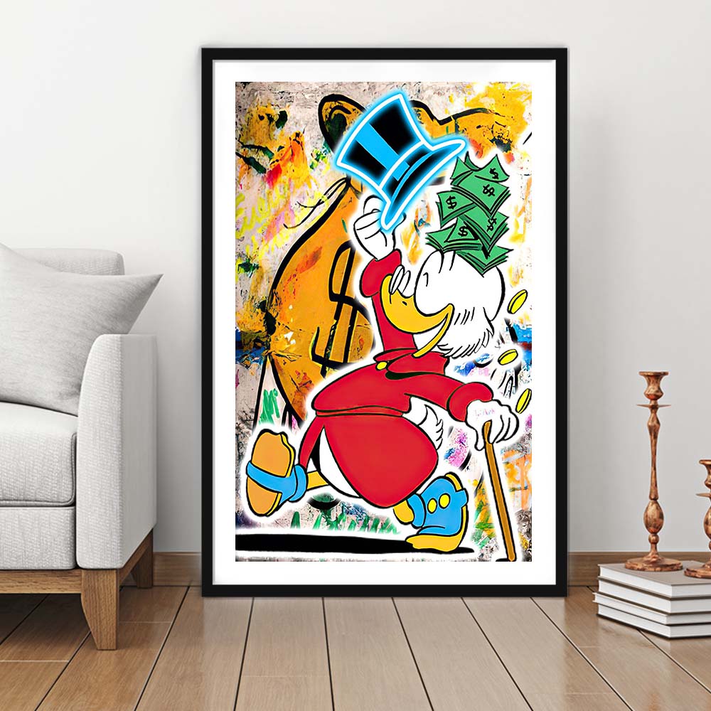 Scrooge McDuck Raining Cash, Framed Art Print, Luxury Pictures Framed, White Border