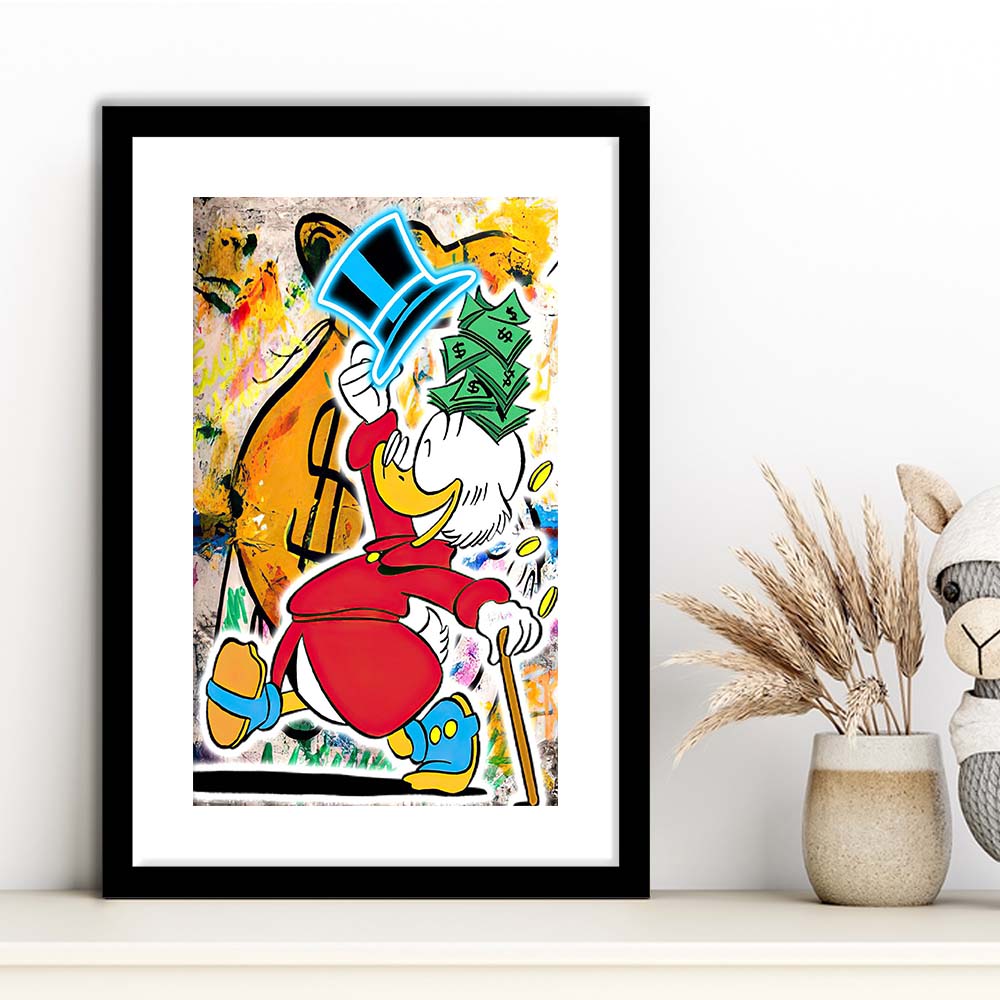 Scrooge McDuck Raining Cash, Framed Art Print, Luxury Pictures Framed, White Border