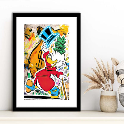 Scrooge McDuck Raining Cash, Framed Art Print, Luxury Pictures Framed, White Border