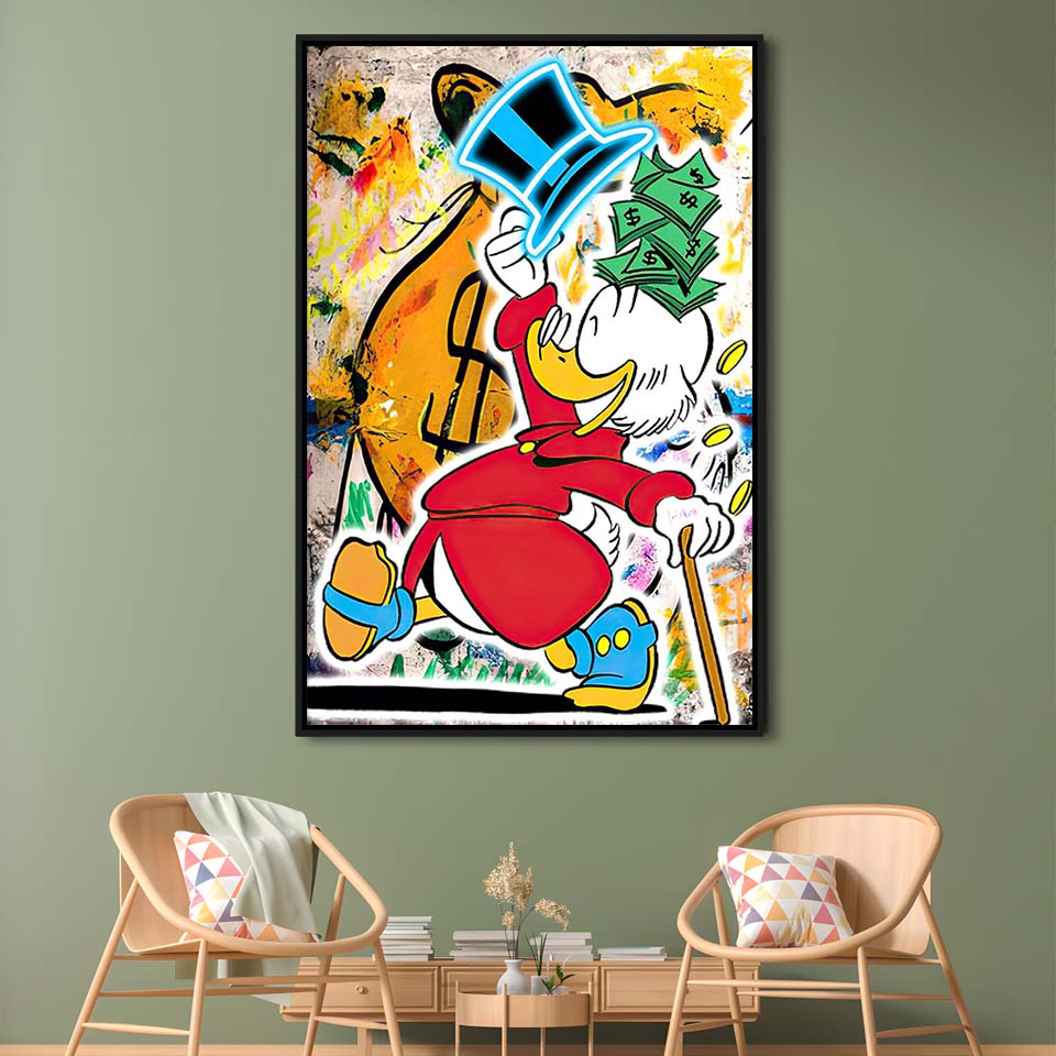 Scrooge McDuck Raining Cash, Framed Canvas Print, Floating Frame, Luxury Wall Art Decor