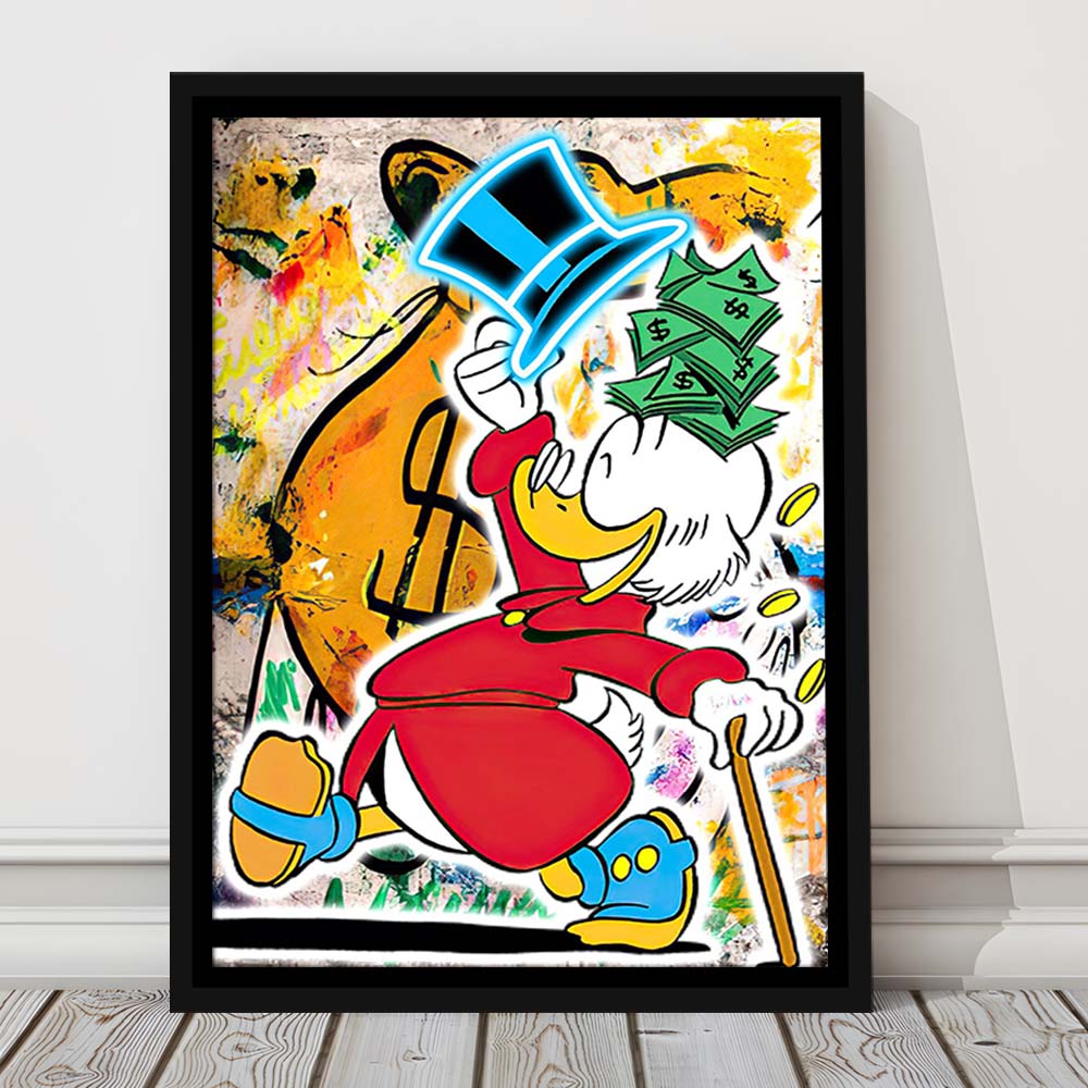Scrooge McDuck Raining Cash, Framed Canvas Print, Floating Frame, Luxury Wall Art Decor