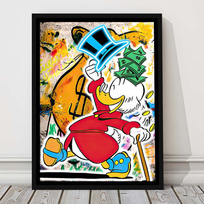 Scrooge McDuck Raining Cash, Framed Canvas Print, Floating Frame, Luxury Wall Art Decor