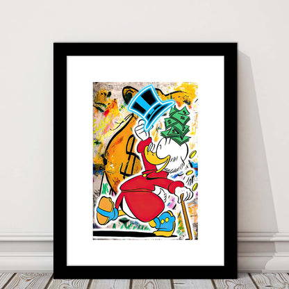 Scrooge McDuck Raining Cash, Framed Art Print, Luxury Pictures Framed, White Border