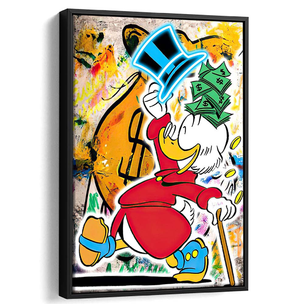Scrooge McDuck Raining Cash, Framed Canvas Print, Floating Frame, Luxury Wall Art Decor