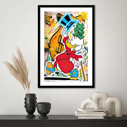 Scrooge McDuck Raining Cash, Framed Art Print, Luxury Pictures Framed, White Border