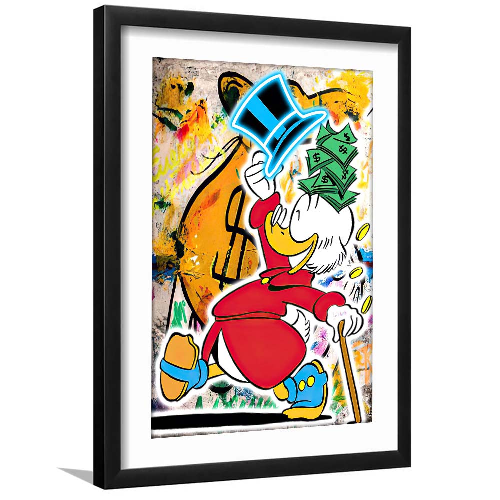 Scrooge McDuck Raining Cash, Framed Art Print, Luxury Pictures Framed, White Border
