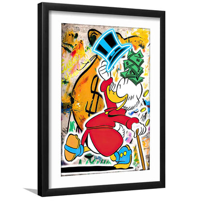 Scrooge McDuck Raining Cash, Framed Art Print, Luxury Pictures Framed, White Border