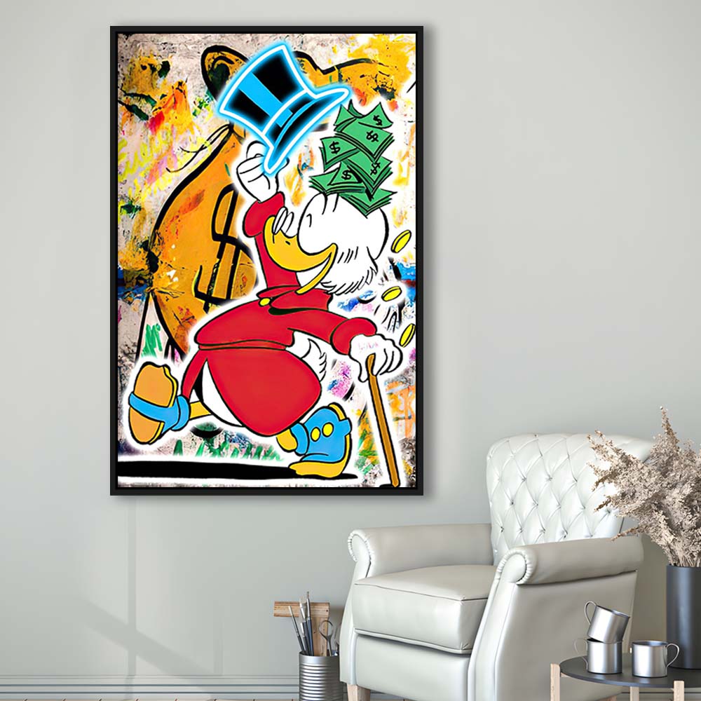 Scrooge McDuck Raining Cash, Framed Canvas Print, Floating Frame, Luxury Wall Art Decor