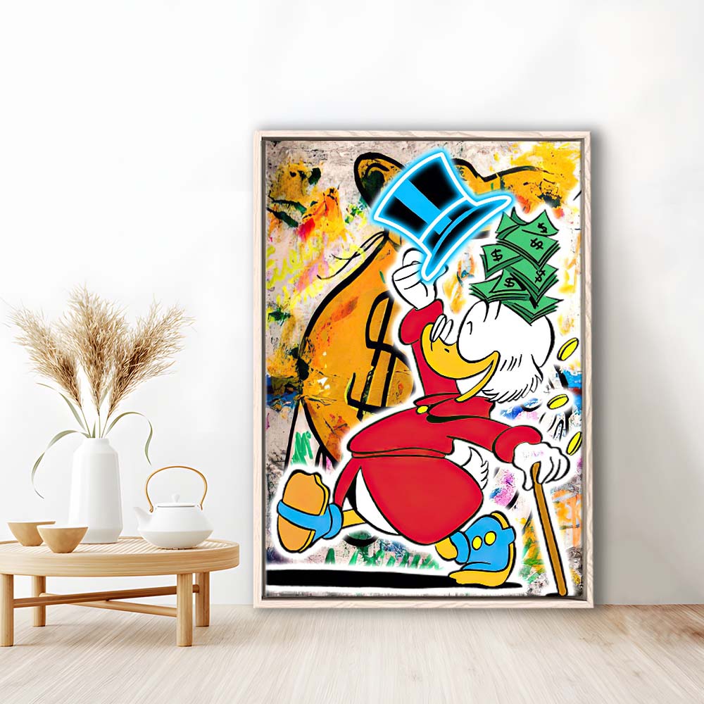 Scrooge McDuck Raining Cash, Framed Canvas Print, Floating Frame, Luxury Wall Art Decor