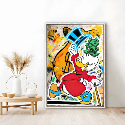 Scrooge McDuck Raining Cash, Framed Canvas Print, Floating Frame, Luxury Wall Art Decor