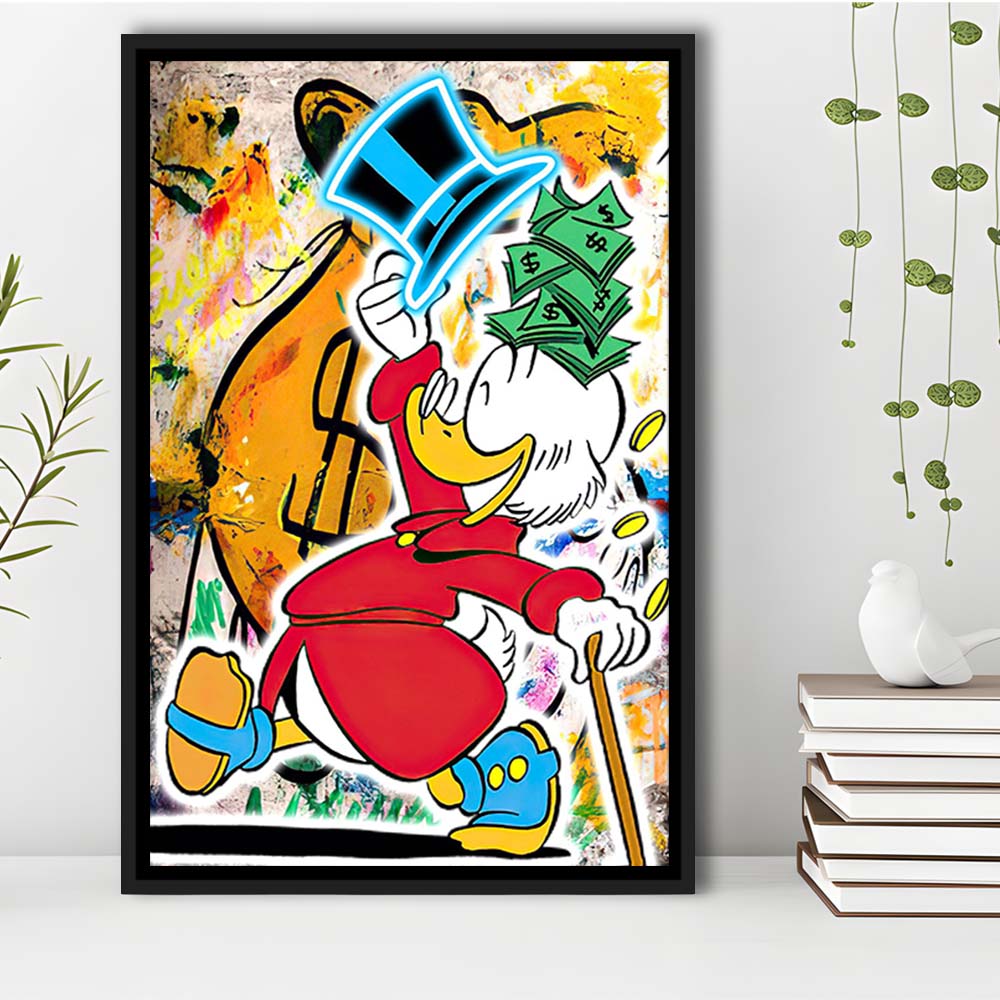 Scrooge McDuck Raining Cash, Framed Canvas Print, Floating Frame, Luxury Wall Art Decor