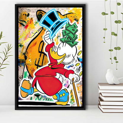 Scrooge McDuck Raining Cash, Framed Canvas Print, Floating Frame, Luxury Wall Art Decor