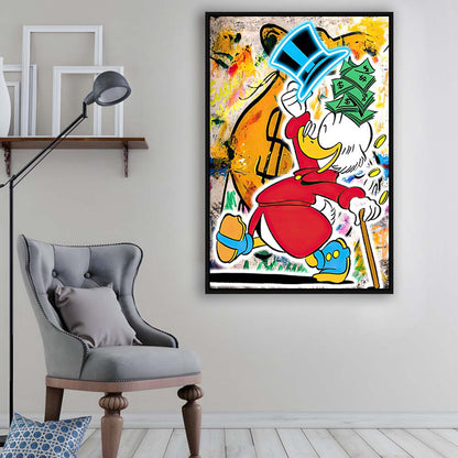 Scrooge McDuck Raining Cash, Framed Canvas Print, Floating Frame, Luxury Wall Art Decor
