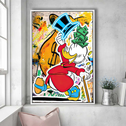 Scrooge McDuck Raining Cash, Framed Canvas Print, Floating Frame, Luxury Wall Art Decor
