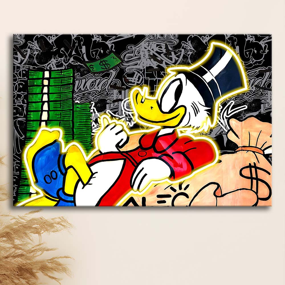 Scrooge Mcduck Sleeping On Money Art Print, Canvas Print Wall Art, Wall Decor, Neon Effect Art