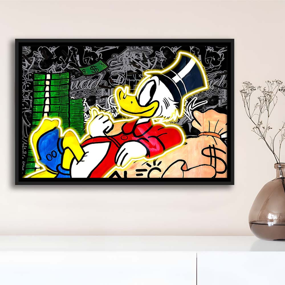 Scrooge Mcduck Sleeping On Money Art Print, Framed Canvas Print Wall Art Decor, Floating Frame, Neon Effect Art