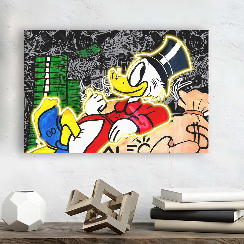 Scrooge Mcduck Sleeping On Money Art Print, Canvas Print Wall Art, Wall Decor, Neon Effect Art