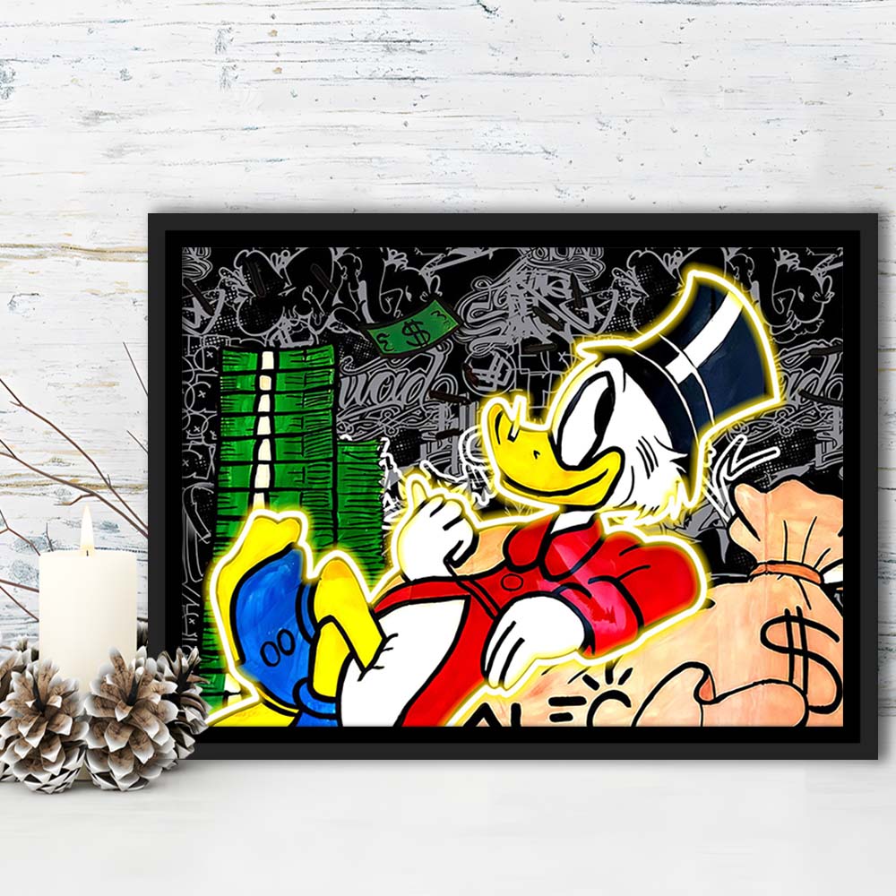 Scrooge Mcduck Sleeping On Money Art Print, Framed Canvas Print Wall Art Decor, Floating Frame, Neon Effect Art