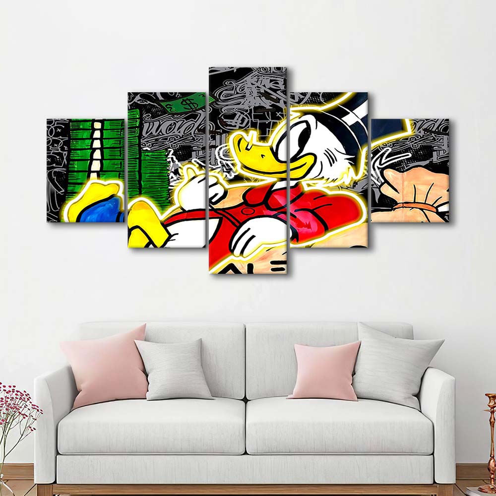 Scrooge Mcduck Sleeping On Money Art Print, 5 Panel Mixed Canvas Print Wall Art, Home Decor, Neon Canvas
