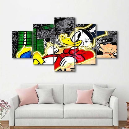 Scrooge Mcduck Sleeping On Money Art Print, 5 Panel Mixed Canvas Print Wall Art, Home Decor, Neon Canvas