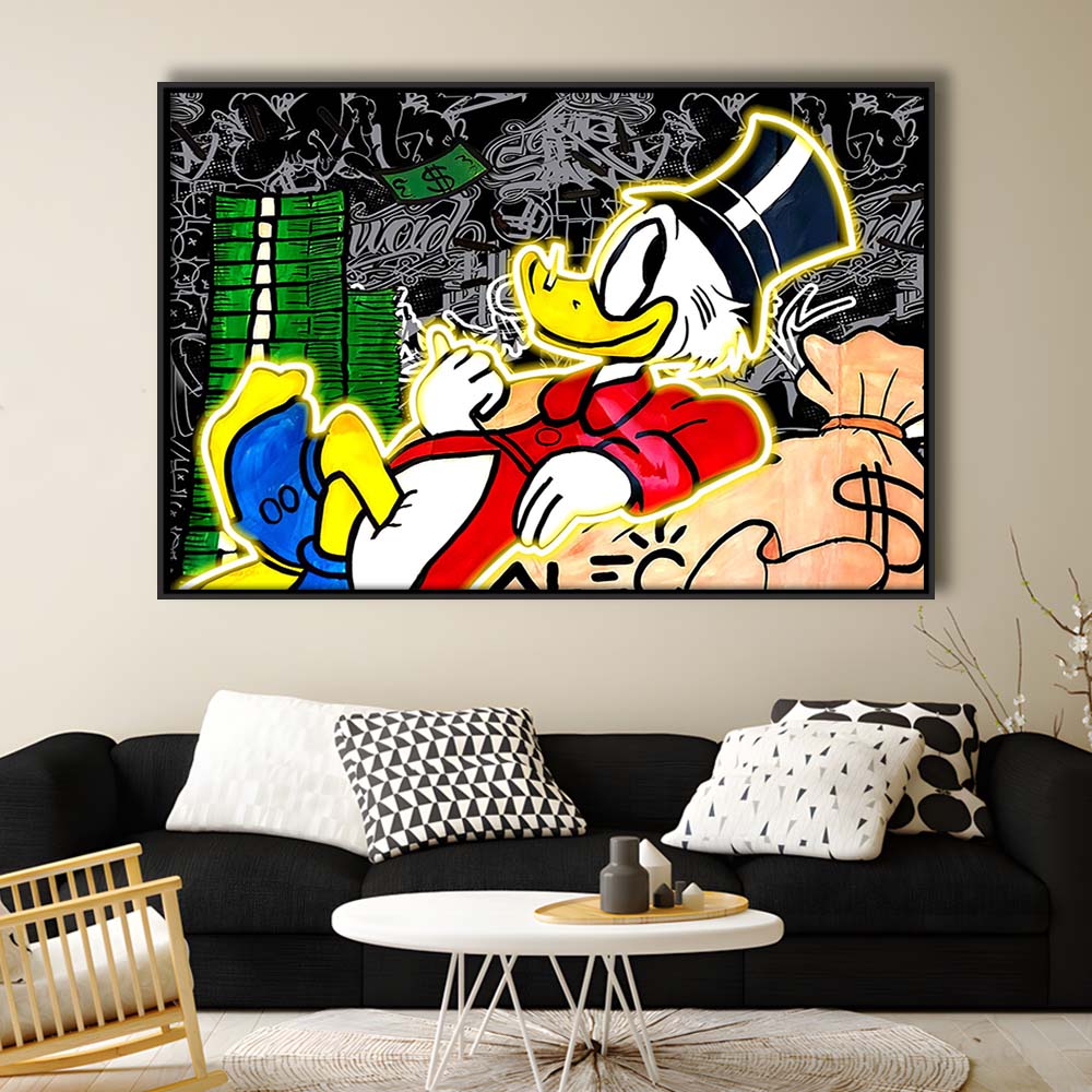 Scrooge Mcduck Sleeping On Money Art Print, Framed Canvas Print Wall Art Decor, Floating Frame, Neon Effect Art