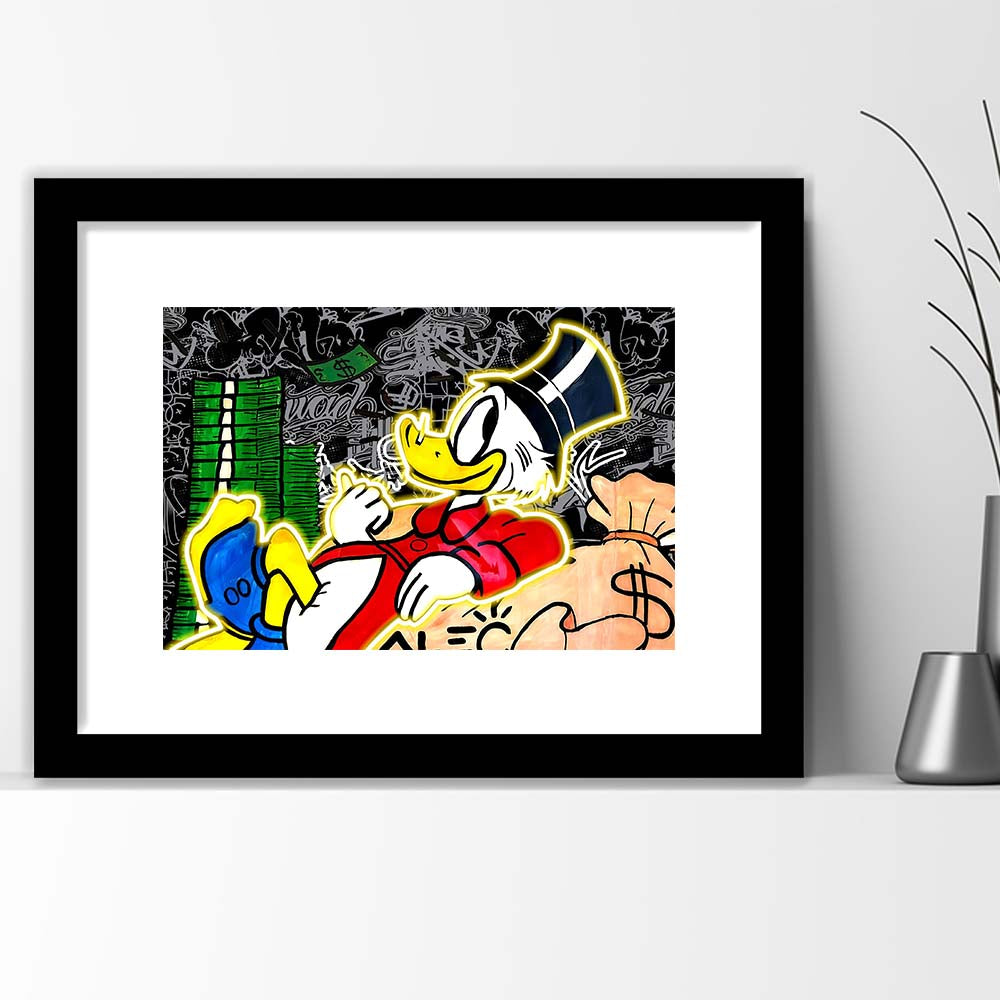 Scrooge Mcduck Sleeping On Money Art Print, Framed Art Print Wall Decor, White Border, Framed Picture