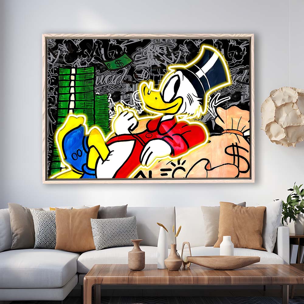 Scrooge Mcduck Sleeping On Money Art Print, Framed Canvas Print Wall Art Decor, Floating Frame, Neon Effect Art