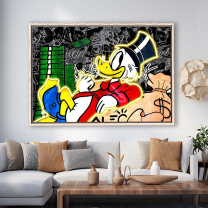 Scrooge Mcduck Sleeping On Money Art Print, Framed Canvas Print Wall Art Decor, Floating Frame, Neon Effect Art