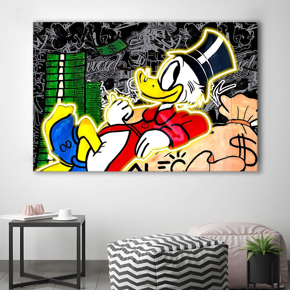 Scrooge Mcduck Sleeping On Money Art Print, Canvas Print Wall Art, Wall Decor, Neon Effect Art