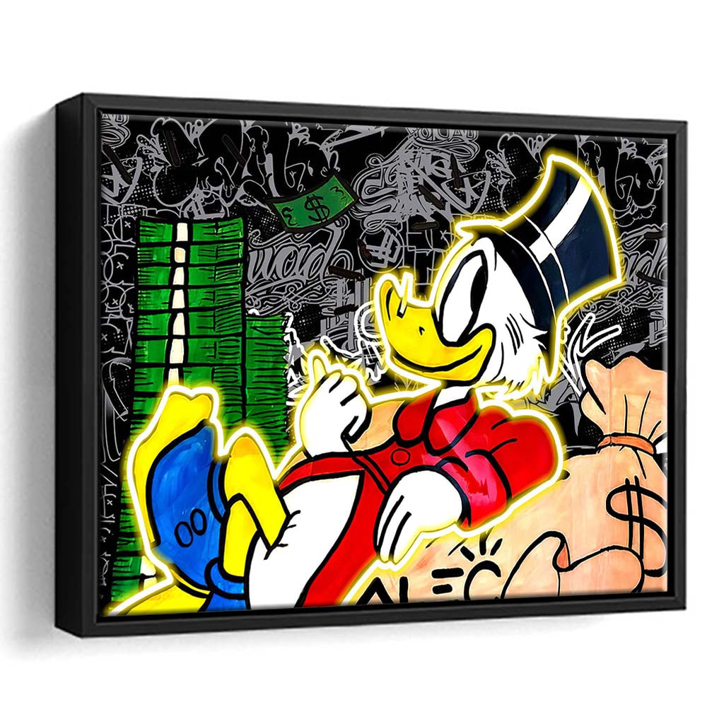 Scrooge Mcduck Sleeping On Money Art Print, Framed Canvas Print Wall Art Decor, Floating Frame, Neon Effect Art