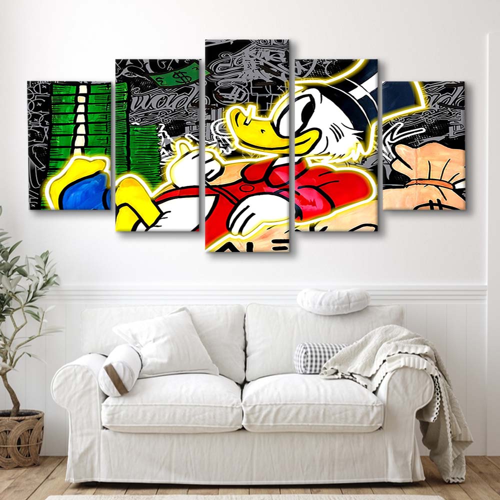 Scrooge Mcduck Sleeping On Money Art Print, 5 Panel Mixed Canvas Print Wall Art, Home Decor, Neon Canvas