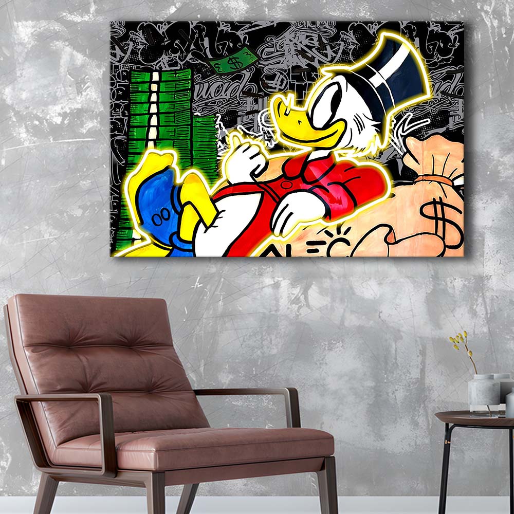 Scrooge Mcduck Sleeping On Money Art Print, Canvas Print Wall Art, Wall Decor, Neon Effect Art