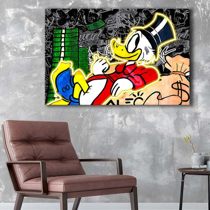 Scrooge Mcduck Sleeping On Money Art Print, Canvas Print Wall Art, Wall Decor, Neon Effect Art