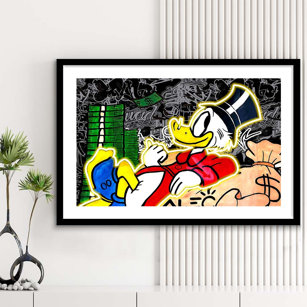 Scrooge Mcduck Sleeping On Money Art Print, Framed Art Print Wall Decor, White Border, Framed Picture