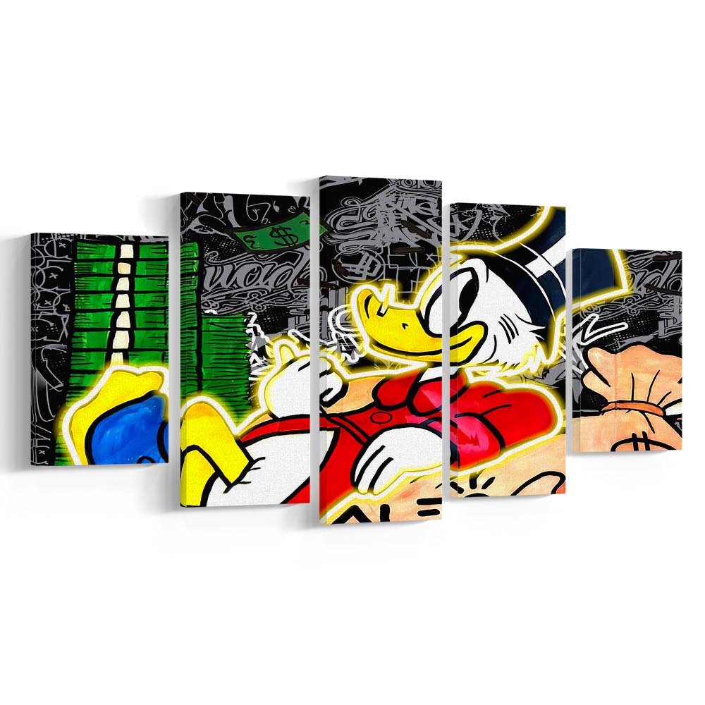 Scrooge Mcduck Sleeping On Money Art Print, 5 Panel Mixed Canvas Print Wall Art, Home Decor, Neon Canvas