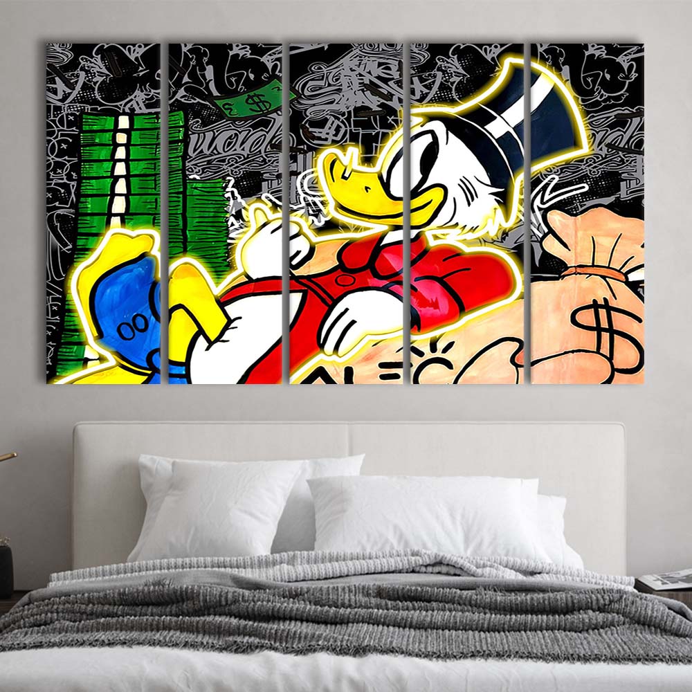 Scrooge Mcduck Sleeping On Money Art Print, Extra Large 5 Panels Multi Canvas Print Wall Art, Home Decor