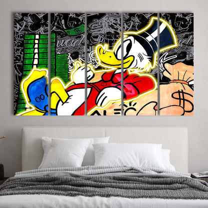 Scrooge Mcduck Sleeping On Money Art Print, Extra Large 5 Panels Multi Canvas Print Wall Art, Home Decor