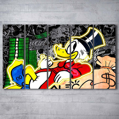 Scrooge Mcduck Sleeping On Money Art Print, Extra Large 5 Panels Multi Canvas Print Wall Art, Home Decor