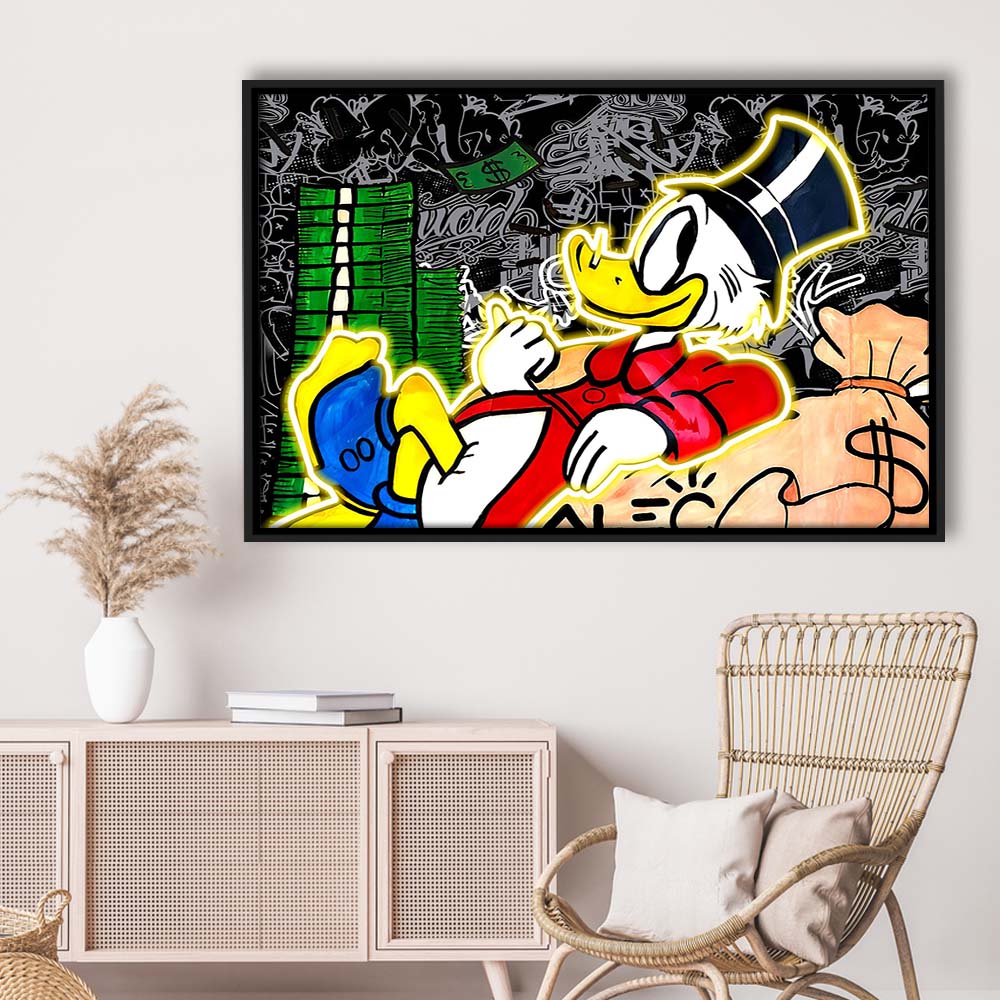 Scrooge Mcduck Sleeping On Money Art Print, Framed Canvas Print Wall Art Decor, Floating Frame, Neon Effect Art