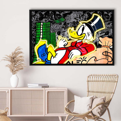 Scrooge Mcduck Sleeping On Money Art Print, Framed Canvas Print Wall Art Decor, Floating Frame, Neon Effect Art