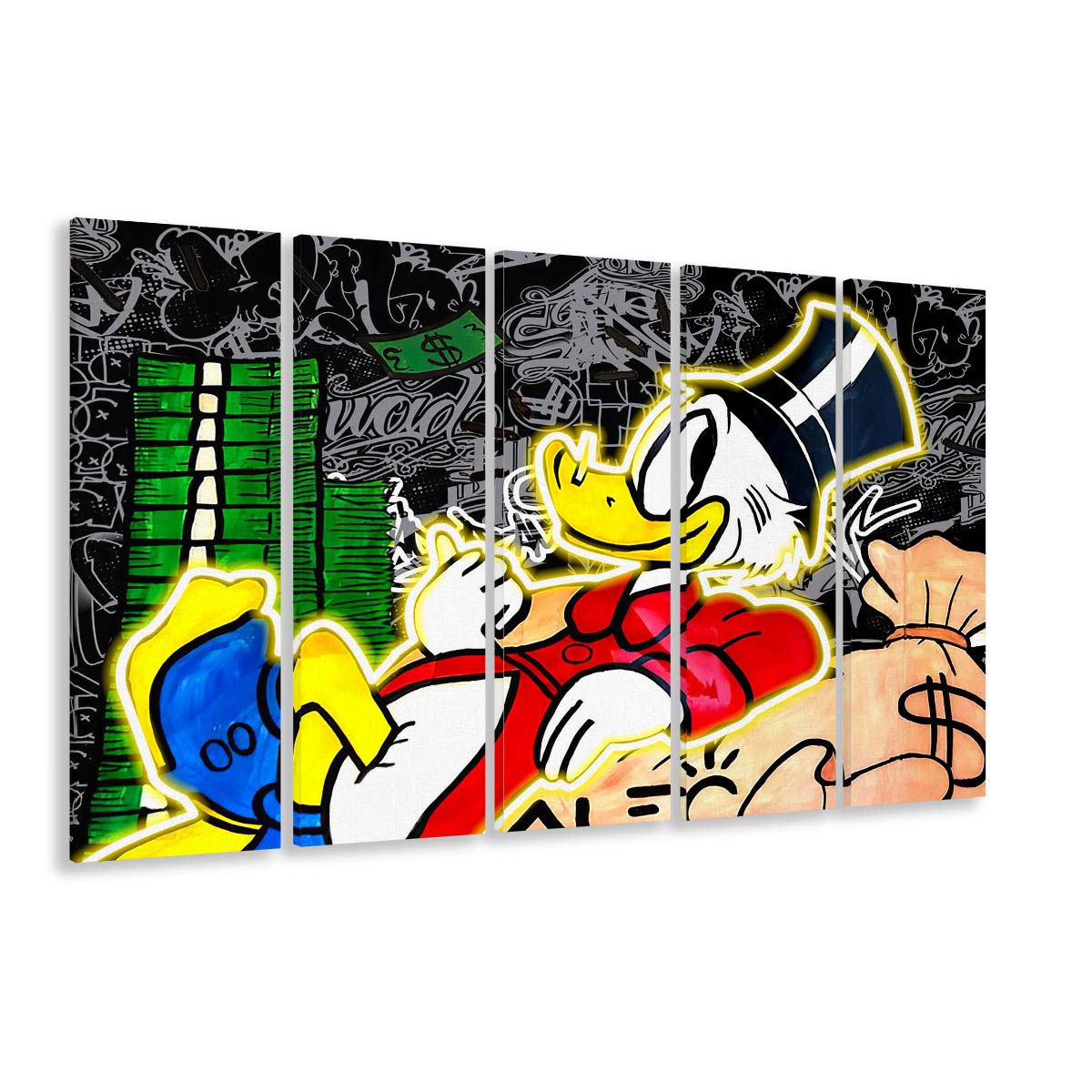 Scrooge Mcduck Sleeping On Money Art Print, Extra Large 5 Panels Multi Canvas Print Wall Art, Home Decor
